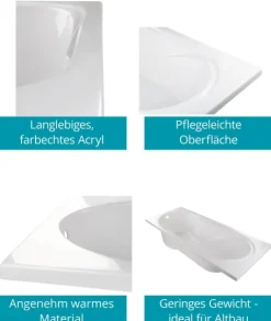 Calmwaters® Rechteck Badewannen-Set 180x80 cm mit Wannenfüßen & Ablaufgarnitur, Acrylwanne Modern Small 2 mit integriertem Duschbereich, Set Badewanne komplett, 180 x 80 cm, Weiß, 99000290