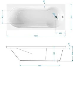 Calmwaters® Rechteck-Badewanne mit Dusche 180x80 cm, Acrylwanne Modern Small 2 mit Duschzone, Badewanne mit Dusche, Körperformbadewanne, Maße: 180 x 80 cm, Rechteckbadewanne Weiß, 02SL3314