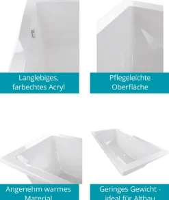 Calmwaters® Rechteck-Badewanne 190x90 cm, Acrylwanne Modern Square 2, Duo-Badewanne für zwei Personen, ergonomische Körperformbadewanne, Maße 190 x 90 cm, Rechteckbadewanne Weiß, 02SL3322