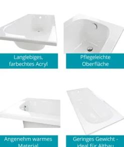 Calmwaters® Rechteck-Badewanne 170x75 cm, Acrylwanne Original, ergonomische Körperformbadewanne, Maße 170 x 75 cm, Rechteckbadewanne Weiß, 02SL3012