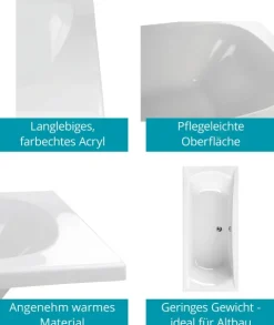 Calmwaters® Rechteck-Badewanne 180x80 cm, Acrylwanne Modern Curved, Duo-Badewanne für zwei Personen, ergonomische Körperformbadewanne, Maße 180 x 80 cm, Rechteckbadewanne Weiß, 02SL3317