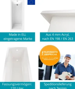 Calmwaters® Rechteck-Badewanne 170x75 cm, Acrylwanne Modern Square, ergonomische Körperformbadewanne, Maße 170 x 75 cm, Rechteckbadewanne Weiß, 02SL3311