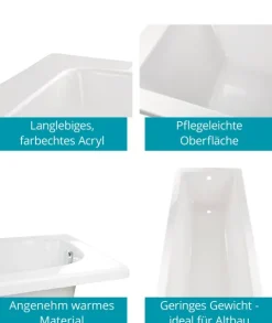 Calmwaters® Rechteck-Badewanne 170x75 cm, Acrylwanne Modern Square, ergonomische Körperformbadewanne, Maße 170 x 75 cm, Rechteckbadewanne Weiß, 02SL3311