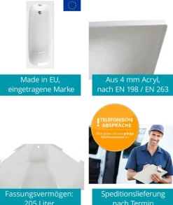 Calmwaters® Rechteck-Badewanne 180x80 cm, Acrylwanne Original, ergonomische Körperformbadewanne, Maße 180 x 80 cm, Rechteckbadewanne Weiß, 01SL3353