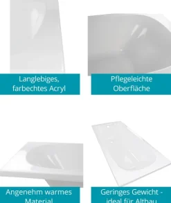 Calmwaters® Rechteck-Badewanne 180x80 cm, Acrylwanne Original, ergonomische Körperformbadewanne, Maße 180 x 80 cm, Rechteckbadewanne Weiß, 01SL3353