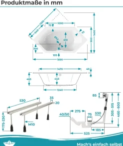 Calmwaters® Sechseck Badewanne Komplettset 190x90 cm, Made in EU, mit Wannenfüßen & Ablaufgarnitur, Acrylwanne Exclusive, Duowanne für 2, Set Badewanne komplett, 6 Eck Wanne 190 x 90, Weiß, 99000334