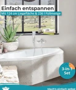 Calmwaters® Sechseck Badewanne Komplettset 190x90 cm, Made in EU, mit Wannenfüßen & Ablaufgarnitur, Acrylwanne Exclusive, Duowanne für 2, Set Badewanne komplett, 6 Eck Wanne 190 x 90, Weiß, 99000334