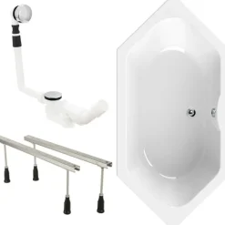 Calmwaters® Sechseck Badewanne Komplettset 190x90 cm, Made in EU, mit Wannenfüßen & Ablaufgarnitur, Acrylwanne Exclusive, Duowanne für 2, Set Badewanne komplett, 6 Eck Wanne 190 x 90, Weiß, 99000334