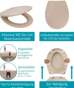 Calmwaters® Spülrandloses Hänge WC, Tiefspül WC aus Keramik, Komplettset mit WC Sitz mit Absenkautomatik in Beige-Bahamabeige, Waagerechter Abgang, WC Sitz aus antibakteriellem Duroplast, 99000190