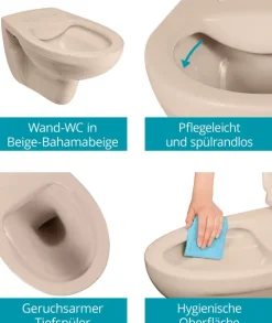 Calmwaters® Spülrandloses Hänge WC, Tiefspül WC aus Keramik, Komplettset mit WC Sitz mit Absenkautomatik in Beige-Bahamabeige, Waagerechter Abgang, WC Sitz aus antibakteriellem Duroplast, 99000190