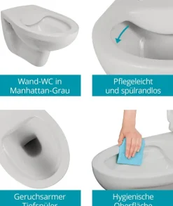 Calmwaters® Spülrandloses Wand WC im Set in Manhattan-Grau, Tiefspüler mit WC Sitz aus Urea-Duroplast mit Absenkautomatik, 99000191