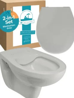 Calmwaters® Spülrandloses Wand WC im Set in Manhattan-Grau, Tiefspüler mit WC Sitz aus Urea-Duroplast mit Absenkautomatik, 99000191