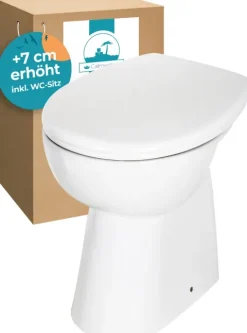 Calmwaters® Spülrandloses WC Komplettset Elements Wellness mit Toilettendeckel, erhöhtes Stand WC + 7 cm, abnehmbarer WC-Sitz mit Absenkautomatik & Schnellbefestigung, Tiefspüler, Weiß, 07AB3134