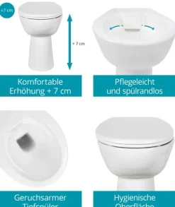 Calmwaters® Spülrandloses WC Komplettset Elements Wellness mit Toilettendeckel, erhöhtes Stand WC + 7 cm, abnehmbarer WC-Sitz mit Absenkautomatik & Schnellbefestigung, Tiefspüler, Weiß, 07AB3134