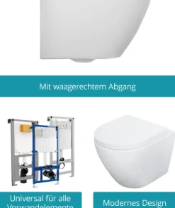 Calmwaters® Wand WC spülrandlos Weiß, mit WC-Sitz, Raumspar WC: 45 cm Ausladung, mit Absenkautomatik, Tiefspüler, Hänge WC, Wandmontage, Sanitärkeramik, 08AB6159