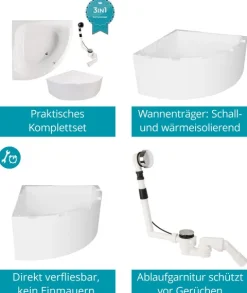 Calmwaters® Wannenträger 120 x 120 cm Modern Small 2, Passend für Eck-Badewanne 120x120 cm, Styroporträger, Schall- und wärmedämmend, Direkt verfliesbar, Badewannenträger in Weiß, 03AX2349