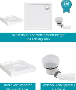Calmwaters® Acryl-Duschwanne Komplettset 90 x 90 x 2,5 cm mit Wannenträger & Ablaufgarnitur, bodengleiche Brausewanne Modern Select, flache Duschtasse aus Acryl, 90x90 cm, Weiß, 99000120