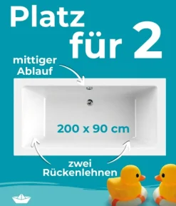 Calmwaters® Acryl Premium Badewanne Komplettset 200x90 cm - Made in EU - mit Wannenträger & Ablaufgarnitur - Duo-Badewanne 2 Personen