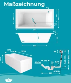 Calmwaters® Acryl Premium Badewanne Komplettset 190x90 cm - Made in EU - mit Wannenträger & Ablaufgarnitur - Duo-Badewanne 2 Personen, 99000013