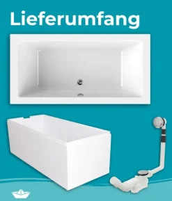 Calmwaters® Acryl Premium Badewanne Komplettset 190x90 cm - Made in EU - mit Wannenträger & Ablaufgarnitur - Duo-Badewanne 2 Personen, 99000013