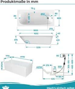 Calmwaters® Badewanne Komplettset 180x80 cm mit Wannenträger & Ablaufgarnitur, Set Acryl-Badewanne rechteckig, Original Rechteck Badewanne 180 x 80 cm, Weiß, 99000012