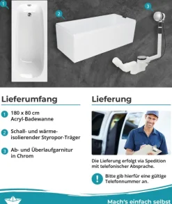 Calmwaters® Badewanne Komplettset 180x80 cm mit Wannenträger & Ablaufgarnitur, Set Acryl-Badewanne rechteckig, Original Rechteck Badewanne 180 x 80 cm, Weiß, 99000012