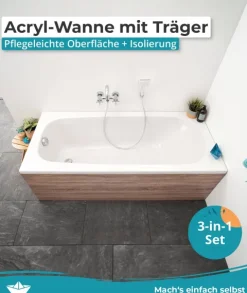 Calmwaters® Badewanne Komplettset 180x80 cm mit Wannenträger & Ablaufgarnitur, Set Acryl-Badewanne rechteckig, Original Rechteck Badewanne 180 x 80 cm, Weiß, 99000012