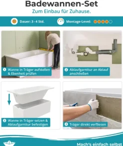 Calmwaters® Badewanne Komplettset 180x80 cm mit Wannenträger & Ablaufgarnitur, Set Acryl-Badewanne rechteckig, Original Rechteck Badewanne 180 x 80 cm, Weiß, 99000012