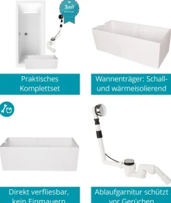 Calmwaters® Badewanne Komplettset 170x75 cm Modern Select, Acryl-Badewanne mit Wannenträger und Excenter-Ablaufgarnitur, Körperformbadewanne für Zwei, Rechteckbadewanne 170 x 75, Weiß, 99000157