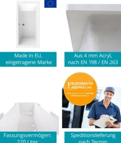 Calmwaters® Badewanne Komplettset 170x75 cm Modern Select, Acryl-Badewanne mit Wannenträger und Excenter-Ablaufgarnitur, Körperformbadewanne für Zwei, Rechteckbadewanne 170 x 75, Weiß, 99000157