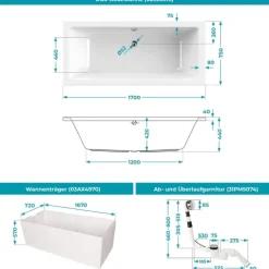 Calmwaters® Badewanne Komplettset 170x75 cm Modern Select, Acryl-Badewanne mit Wannenträger und Excenter-Ablaufgarnitur, Körperformbadewanne für Zwei, Rechteckbadewanne 170 x 75, Weiß, 99000157