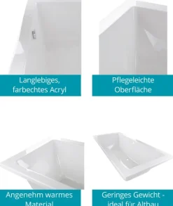 Calmwaters® Badewanne Komplettset 170x75 cm Modern Select, Acryl-Badewanne mit Wannenträger und Excenter-Ablaufgarnitur, Körperformbadewanne für Zwei, Rechteckbadewanne 170 x 75, Weiß, 99000157