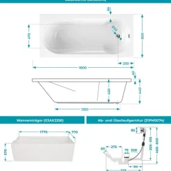Calmwaters® Badewanne mit Dusche Komplettset 180x80 cm mit Wannenträger & Ablaufgarnitur, Acrylwanne Modern Small 2, Duschzone, Set Badewanne komplett 180 x 80, Duschbadewanne für 2 Weiß, 99000167