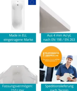 Calmwaters® Badewanne mit Dusche Komplettset 180x80 cm mit Wannenträger & Ablaufgarnitur, Acrylwanne Modern Small 2, Duschzone, Set Badewanne komplett 180 x 80, Duschbadewanne für 2 Weiß, 99000167