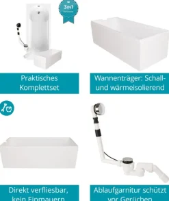 Calmwaters® Badewanne mit Dusche Komplettset 180x80 cm mit Wannenträger & Ablaufgarnitur, Acrylwanne Modern Small 2, Duschzone, Set Badewanne komplett 180 x 80, Duschbadewanne für 2 Weiß, 99000167