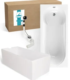 Calmwaters® Badewanne mit Dusche Komplettset 180x80 cm mit Wannenträger & Ablaufgarnitur, Acrylwanne Modern Small 2, Duschzone, Set Badewanne komplett 180 x 80, Duschbadewanne für 2 Weiß, 99000167