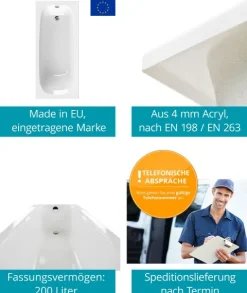 Calmwaters® Badewannen-Set 170x75 cm mit Wannenfüßen & Ablaufgarnitur, Acrylwanne Original, ergonomische Körperform-Wanne komplett Set, 170 x 75 cm, Weiß, 99000341