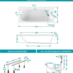 Calmwaters® Badewannen-Set 170x75 cm mit Wannenfüßen & Ablaufgarnitur, Acrylwanne Original, ergonomische Körperform-Wanne komplett Set, 170 x 75 cm, Weiß, 99000341
