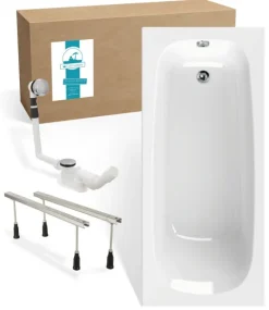 Calmwaters® Badewannen-Set 170x75 cm mit Wannenfüßen & Ablaufgarnitur, Acrylwanne Original, ergonomische Körperform-Wanne komplett Set, 170 x 75 cm, Weiß, 99000341