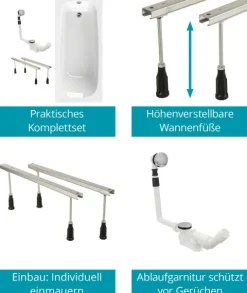 Calmwaters® Badewannen-Set 170x75 cm mit Wannenfüßen & Ablaufgarnitur, Acrylwanne Original, ergonomische Körperform-Wanne komplett Set, 170 x 75 cm, Weiß, 99000341