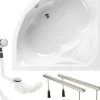 Calmwaters® Eckbadewanne Komplettset 150x150 cm Curved Wellness, Made in EU, 4in1 Acryl-Wanne mit Schürze, Wannenfüßen & Ablaufgarnitur, Duowanne mit integriertem Sitz, Eckwanne 150 x 150, Weiß