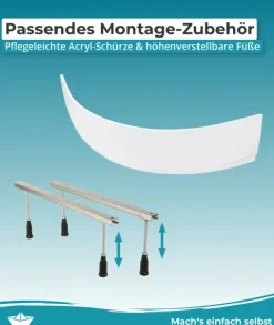 Calmwaters® Eckbadewanne Komplettset 150x150 cm Curved Wellness, Made in EU, 4in1 Acryl-Wanne mit Schürze, Wannenfüßen & Ablaufgarnitur, Duowanne mit integriertem Sitz, Eckwanne 150 x 150, Weiß