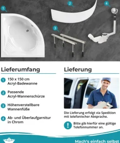 Calmwaters® Eckbadewanne Komplettset 150x150 cm Curved Wellness, Made in EU, 4in1 Acryl-Wanne mit Schürze, Wannenfüßen & Ablaufgarnitur, Duowanne mit integriertem Sitz, Eckwanne 150 x 150, Weiß
