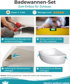 Calmwaters® Eckbadewanne Komplettset 150x150 cm Curved Wellness, Made in EU, 4in1 Acryl-Wanne mit Schürze, Wannenfüßen & Ablaufgarnitur, Duowanne mit integriertem Sitz, Eckwanne 150 x 150, Weiß