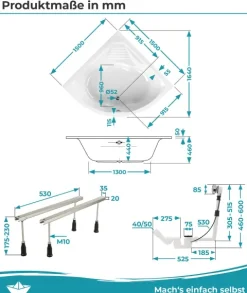 Calmwaters® Eckbadewanne Komplettset 150x150 cm Curved Wellness, Made in EU, 4in1 Acryl-Wanne mit Schürze, Wannenfüßen & Ablaufgarnitur, Duowanne mit integriertem Sitz, Eckwanne 150 x 150, Weiß