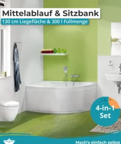 Calmwaters® Eckbadewanne Komplettset 150x150 cm Curved Wellness, Made in EU, 4in1 Acryl-Wanne mit Schürze, Wannenfüßen & Ablaufgarnitur, Duowanne mit integriertem Sitz, Eckwanne 150 x 150, Weiß