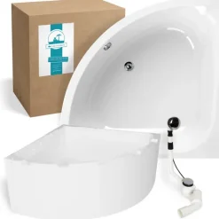 Calmwaters® Eckbadewanne Komplettset 120x120 cm mit Wannenträger & Ablaufgarnitur, Acrylwanne Modern Small 2, Duo-Badewanne für 2, Set Badewanne komplett, Eckwanne 120 x 120 cm, Weiß, 99000046