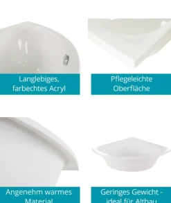 Calmwaters® Eckbadewanne Komplettset 120x120 cm mit Wannenträger & Ablaufgarnitur, Acrylwanne Modern Small 2, Duo-Badewanne für 2, Set Badewanne komplett, Eckwanne 120 x 120 cm, Weiß, 99000046