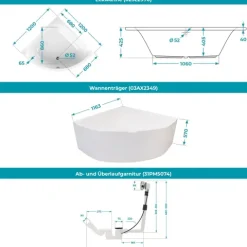 Calmwaters® Eckbadewanne Komplettset 120x120 cm mit Wannenträger & Ablaufgarnitur, Acrylwanne Modern Small 2, Duo-Badewanne für 2, Set Badewanne komplett, Eckwanne 120 x 120 cm, Weiß, 99000046