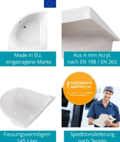 Calmwaters® Eckbadewanne Komplettset 120x120 cm mit Wannenträger & Ablaufgarnitur, Acrylwanne Modern Small 2, Duo-Badewanne für 2, Set Badewanne komplett, Eckwanne 120 x 120 cm, Weiß, 99000046